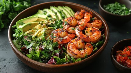 Freshly prepared shrimp salad with avocado and greens served in a wooden bowl, garnished with herbs