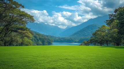 Obraz premium Serene lake view, lush green field, majestic mountains under a bright sky. Ideal for nature, travel, and serenity themed projects.