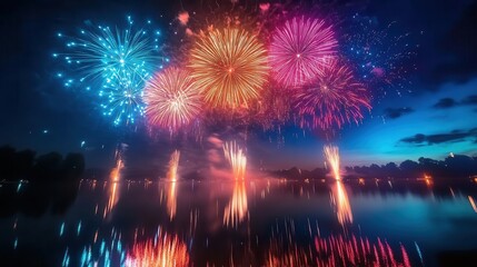 Fireworks in night sky, close-up of bright colorful bursts, soft reflections off nearby water