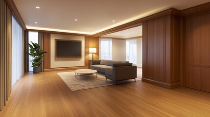 A modern, minimalist living room with wooden accents and a comfortable seating area.