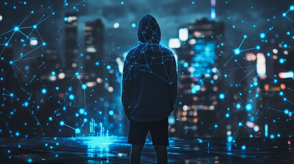 Hacker are planning to hack and attack networks and cyber security systems.Smart digital Innovation city with connection network reciprocity over the cityscape	