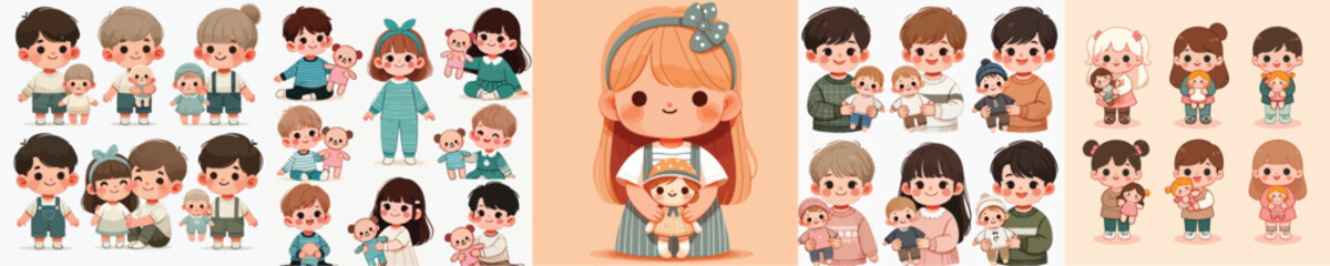 vector set of small children holding cute dolls