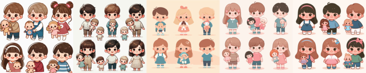 vector set of small children holding cute dolls