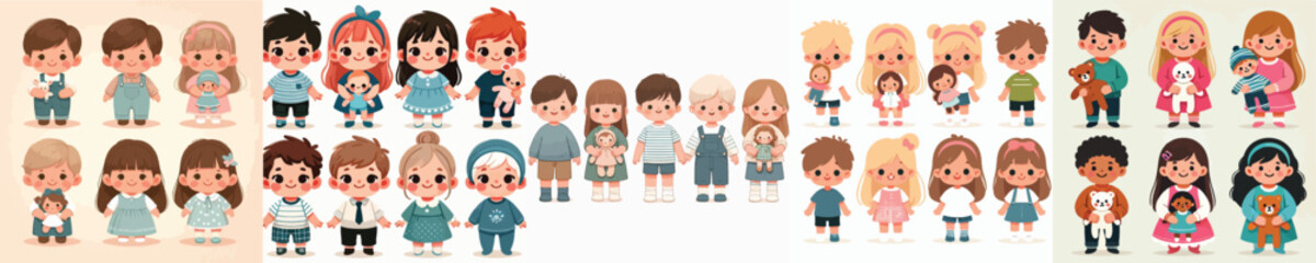 vector set of small children holding cute dolls