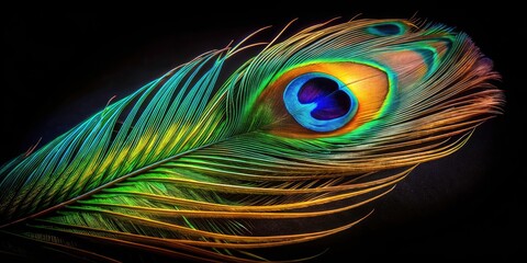 Obraz premium Ebony shadows enhance the majestic peacock feather's vibrant hues, a striking rule-of-thirds composition.