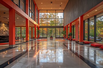 Modern building interior with autumnal landscape view