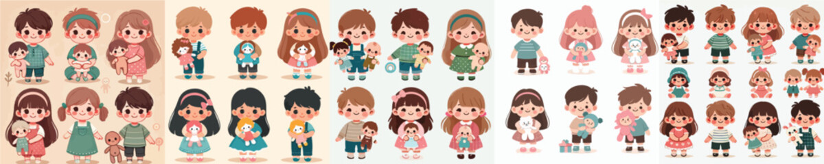 vector set of small children holding cute dolls