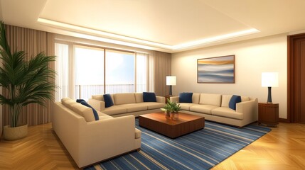 A modern living room with a cozy sofa arrangement and natural light.