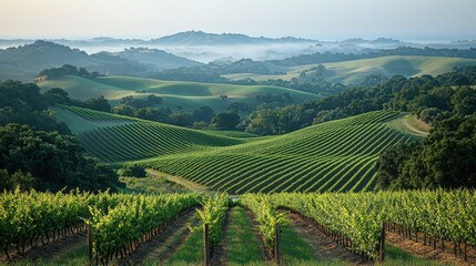 Naklejka premium Rolling green vineyards stretch across the hills under a misty morning sky in a picturesque countryside setting