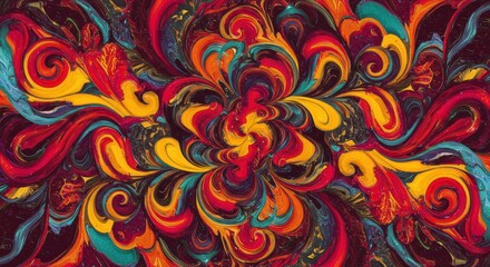 Vibrant Swirls of Abstract Art: A mesmerizing abstract pattern of vibrant swirls in a palette of rich reds, yellows, blues, and greens, creating a dynamic and captivating visual experience. 