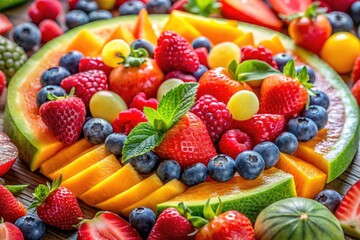 Obraz premium Enjoy a refreshing summer fruit platter featuring melons, berries, and citrusâ€”a delightful and healthy treat.