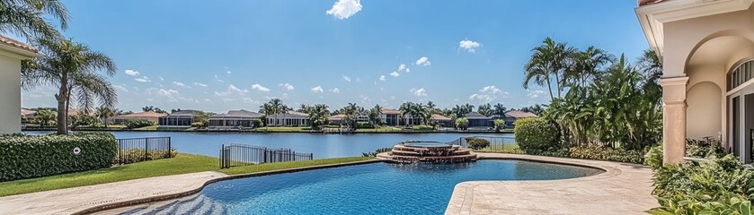 Obraz premium Luxury pool home, waterfront view, sunny day, tropical landscape