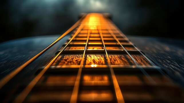 Guitar strings close-up, close-up of fingers strumming guitar strings, focused and dramatic lighting - Powered by Adobe