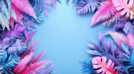 Colorful tropical leaves frame on blue background; summer design