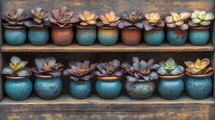 Succulents in Teal and Brown Pots on Wooden Shelves