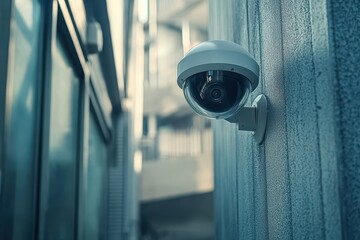 White security camera mounted on wall, urban setting. Ideal for security, surveillance, and safety concepts.