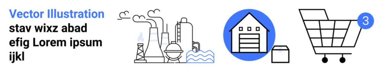 Factory with chimneys, warehouse, and shopping cart with 3 bubble. Ideal for supply chain, logistics, industry, e-commerce, manufacturing, warehouse management, retail. Landing page