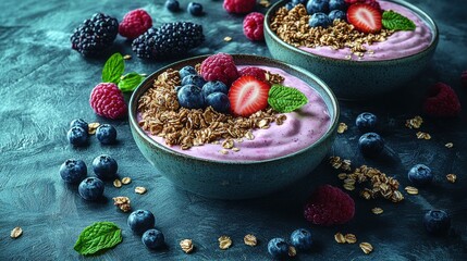 Colorful yogurt bowls topped with fresh berries and granola on a textured surface