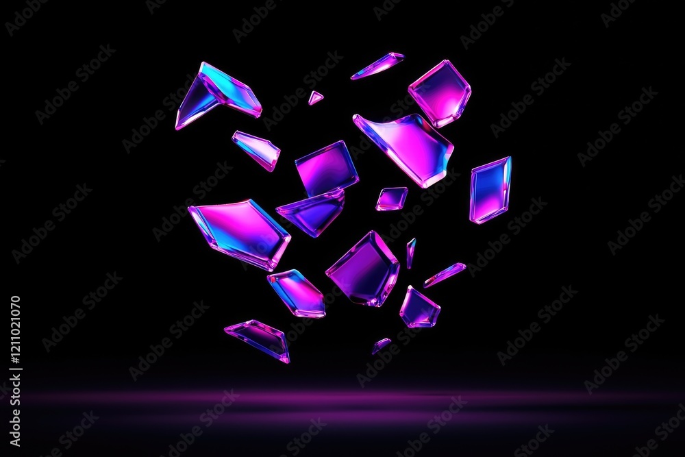 Sticker abstract image of purple and blue iridescent glass shards exploding against a black background.