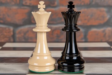 Fototapeta premium Close-up View of Classic Chess King Pieces in Black and White on a Detailed Wooden Chessboard with Rich Background Texture and Focused Light Reflection