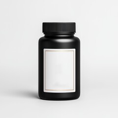 Fototapeta premium Black plastic pill bottle with blank white label, isolated on white background.