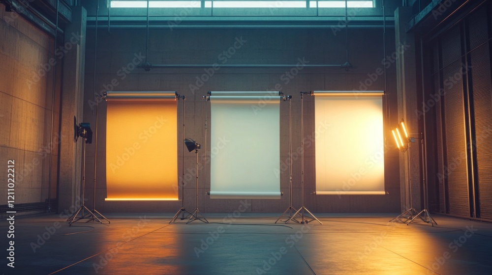 Poster studio setup with colored backdrops and lights.