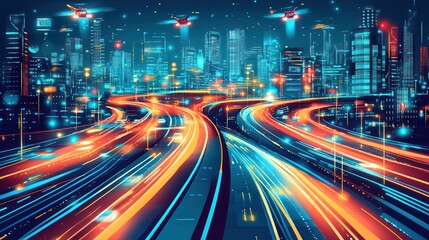 Obraz premium Futuristic Cityscape: Night Highway with Drones