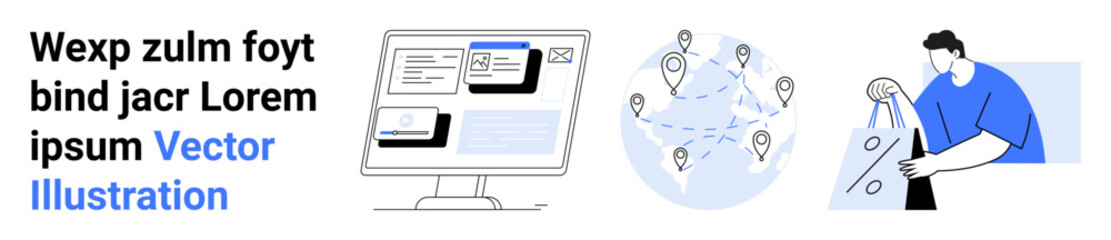 Computer screen displaying online platforms, global network map with location pins, person holding shopping bags. Ideal for eCommerce, digital transformation, online shopping, global networking, user