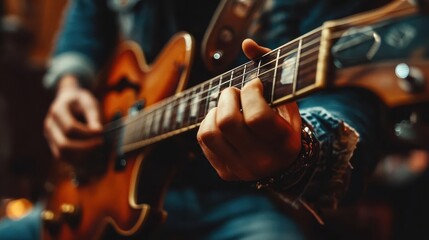 Obraz premium Musician tuning guitar, close-up of hands adjusting tuning pegs, focused studio atmosphere