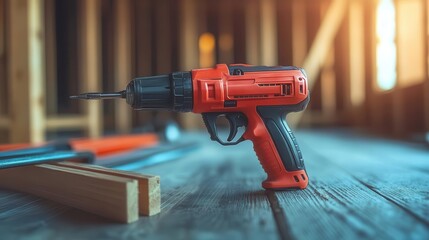 Nail gun on table, close-up of nail gun resting, construction materials nearby