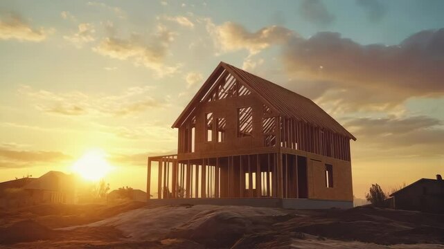 Sunset illumination on wooden house construction in serene rural landscape