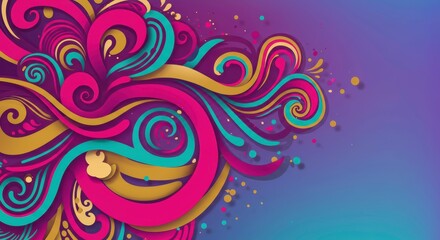 Vibrant Swirls: An abstract illustration featuring dynamic swirls and curls in shades of pink, teal, and gold.  The design evokes a sense of movement, energy, and artistic freedom. 