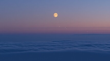 A serene twilight scene featuring a full moon above a sea of clouds.