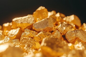 Close-up of glittering gold nuggets, richly textured. Illustrates wealth, success, and luxury concepts.