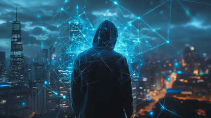Hacker are planning to hack and attack networks and cyber security systems.Smart digital Innovation city with connection network reciprocity over the cityscape	