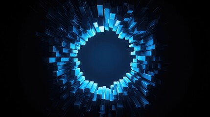 Abstract blue glowing blocks forming a circular frame with a dark center, creating a futuristic, technological design.
