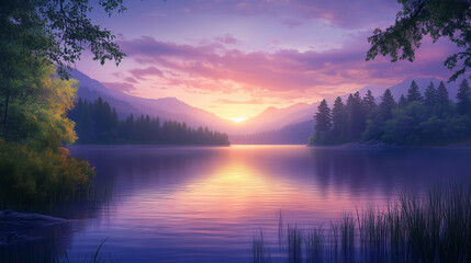 Serene Sunset Landscape Peaceful Lake Mountains Tranquil Nature Scene Beautiful Colorful Sky Evening Dramatic Light Magical       