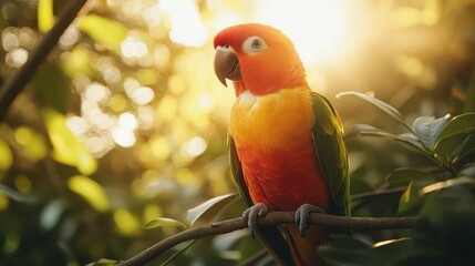Parrot on perch, close-up of vibrant feathers, bright sunlight filtering through trees