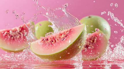 slices splashing in mid-air, vibrant pink interiors with green skins, crisp textures. 