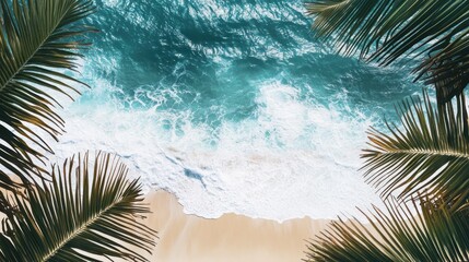 Tropical Beach Paradise: Azure Ocean Waves Crashing on Golden Sands, Viewed Through Lush Palm Fronds