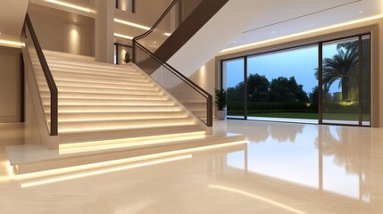 Modern interior featuring a grand staircase and large windows with a serene outdoor view.