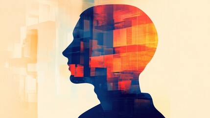 A silhouette of a head filled with abstract geometric shapes and vibrant colors.