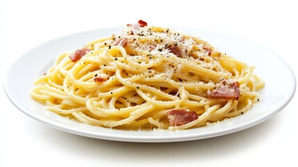 A plate of classic spaghetti carbonara with crispy pancetta, Parmesan cheese, and black pepper