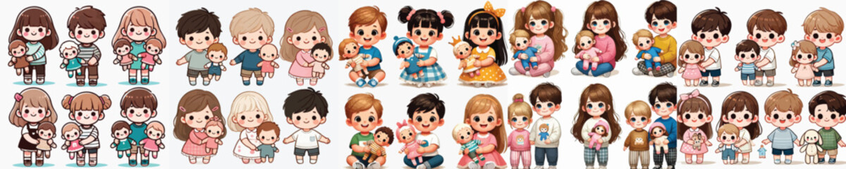 vector set of small children holding cute dolls