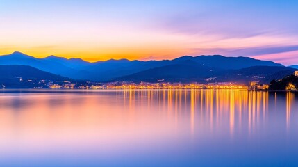 Fototapeta premium Serene sunset over a tranquil lake with mountains in the background.