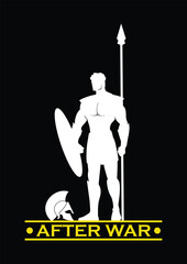 sparta warrior after war, holds shield and spear