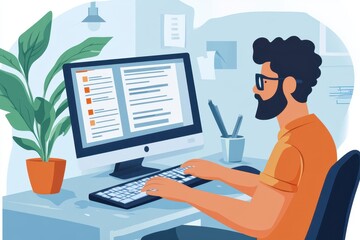 Man works at computer, desk plant visible. Illustrates remote work, online tasks.