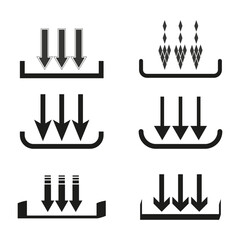 Arrow pressure icon. Downward force symbol. Industrial arrow shape. Vector graphic element.