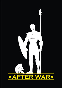 sparta warrior after war, holds shield and spear