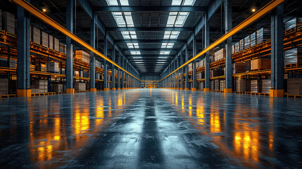 Obraz premium Vast industrial warehouse interior with high ceilings, rows of stacked pallets, and a reflective floor.